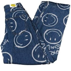 HM Smiley Face Jeans Size 2 Y2K Loose Baggy Womans 24x31 Skate High Waist Blue‎